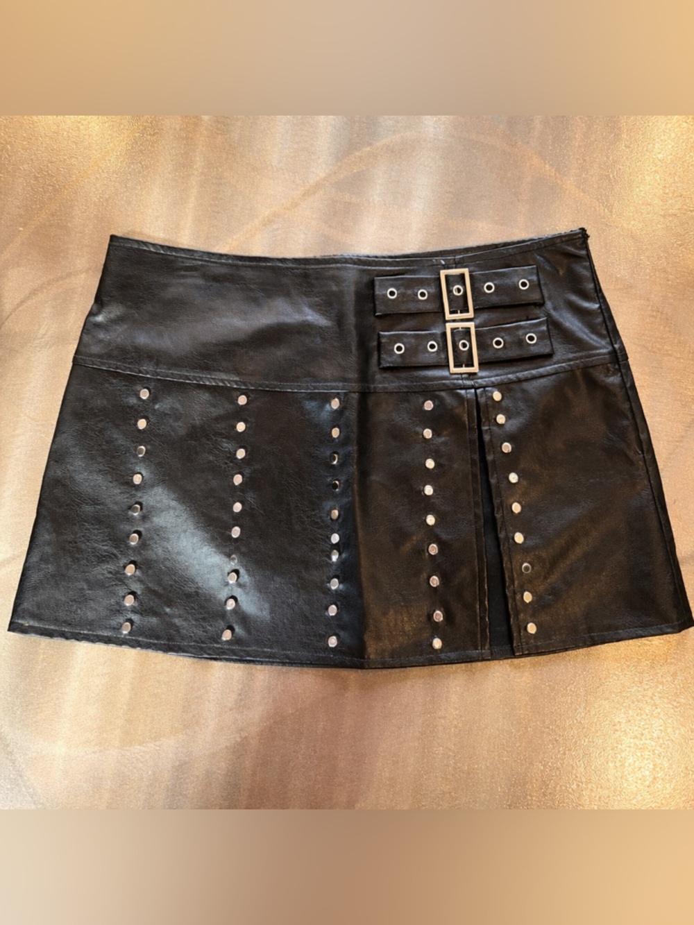 Black Faux Leather Studded Mini Skirt w/ Buckle Detail | Y2K Cosplay Festival